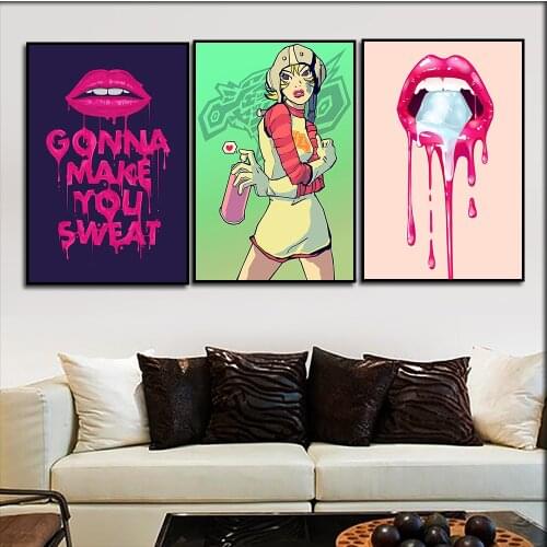 Modern Living Room Sofa Background Art Woman Picture Graffiti Big Lips Figure Poster Canvas Painting Wall Art Home Decoration