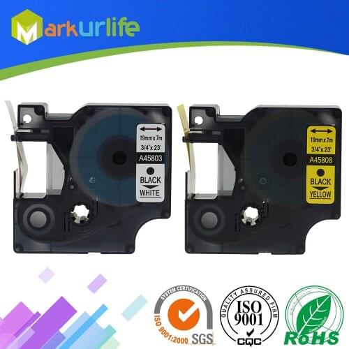 2 PCS Label Maker Compatible for DYMO Self-Adhesive D1 Tape 45803 45808 (19mm*7m) Black on White/Black on Yellow 45803