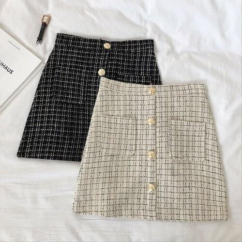 Elegant Women Plaid Skirt Winter Harajuku Single-breasted High Waist Button Skirt Fashion A-line Pocket A-Line Mini Casual Skirt