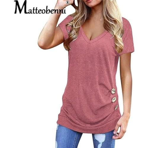 2021 Summer New Women Button Decoration V-Neck Solid Color T-Shirt Ladies Fashion Casual Loose Short Sleeve Elegant Tee Tops