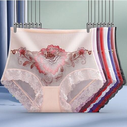 High Waist Lace Womens Panties Transparent Seamless Mesh Temptation Ice Silk Large Size Briefs Embroidery Flower Underwear