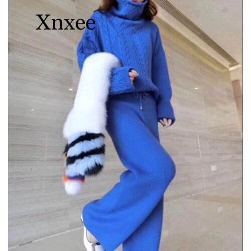 Winter plus size over size Wool Knitting Suit Casual Thickening Turtleneck Sweater And Wide Leg Pants 2 Piece Outfits For Women