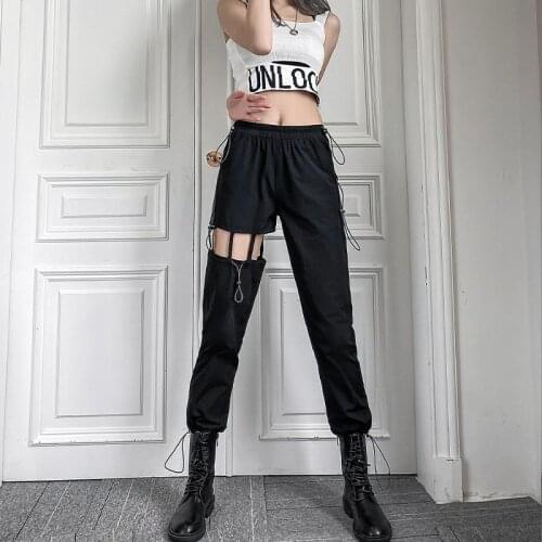 Hollow Out Cargo Pants Women Personality Women Bottoms Pants Fashion Hot Streetwear Ladies Slim-fitting Pants Rope Accessories