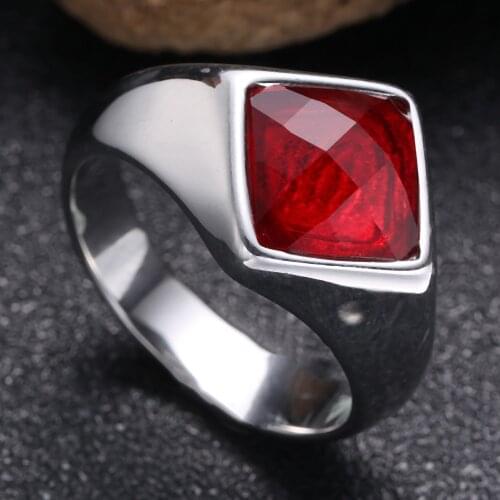 2020 Vintage Punk Geometric Square Red Zircon Smooth Metal Chain Rings for Women Men Party Jewelry Gifts GJ0005