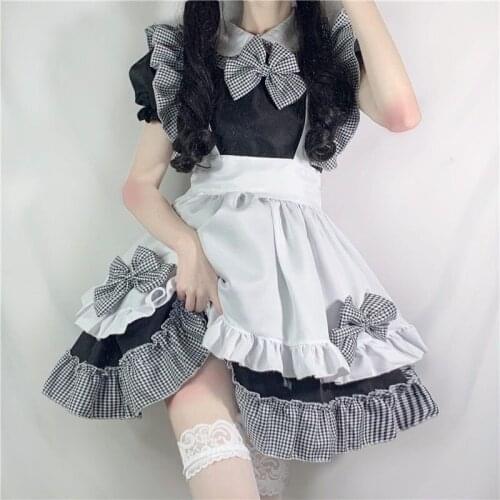Black and White Plaid Waitress Maid Dress Victorian Halloween Women Adult Anime Lolita Cosplay Uniform Party Stage Clothing