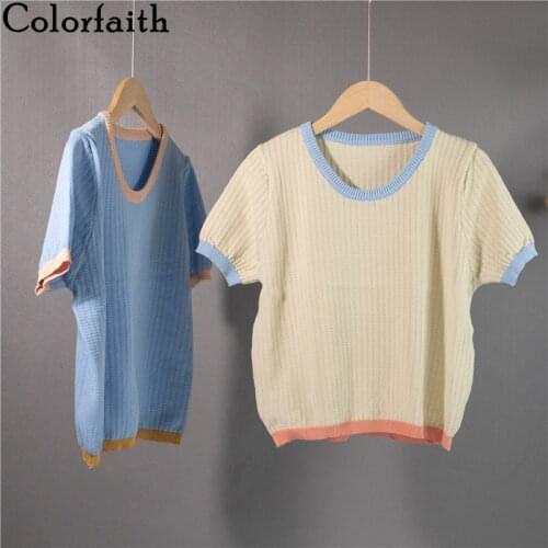 Colorfaith New 2021 Women Summer T-Shirts Bottoming Basic Knitted Vintage Minimalist Elegant Sweet Wild Lady Short Tops T1335
