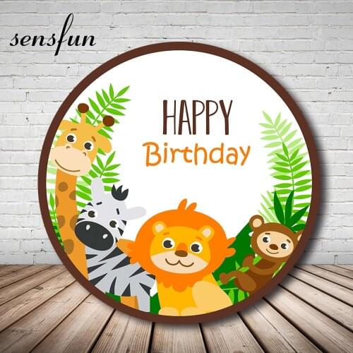 Cartoon Animals Baby Shower Newborn 1st Birthday Round Backdrops Leaves Lion Zebra Monkey Giraffe Circle Photography Backgrounds