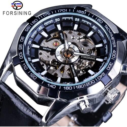 Forsining 2018 Steampunk Design Automatic Mens Watch Silver Case Luminous Hands Sport Watches uhren herren Black Band Clock