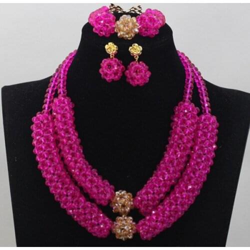 Fushia Pink Crystal Handmade Jewelry Sets African/Nigerian Jewelry Beads Set 2 Rows Design Birthday Gift Free Shipping ANJ081