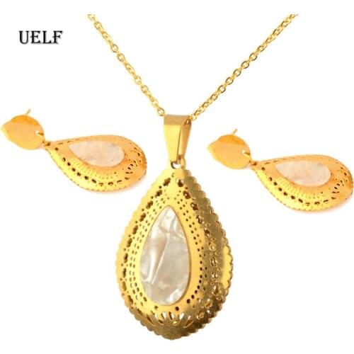 UELF Stainless Steel Bridal Jewelry Set Necklace Earrings For Women Engagement Romantic Style Water Drop Shape Shell Jewelry