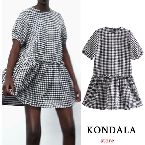 KONDALA Womens Dress Za Fashion 2021 Black And White Plaid Short Sleeve Vintage Slim Mini Summer Dress Female O-Neck Vestidos