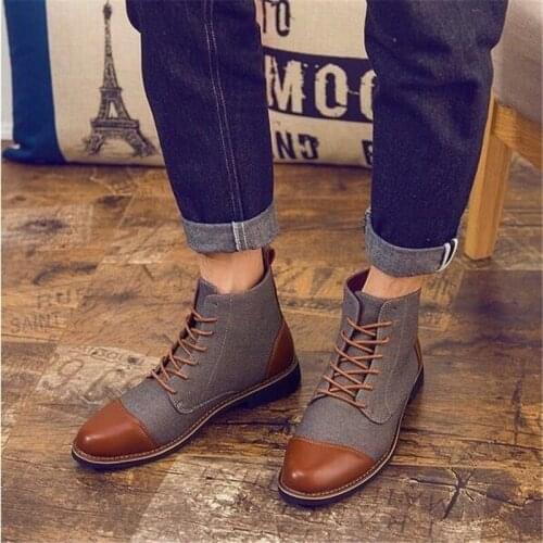 Big Size Autumn Boots Men Ankle Shoes Male New Fashion Lace-up Canvas+Leather Stitching Cowboy Boots High Top Casual Sneakers
