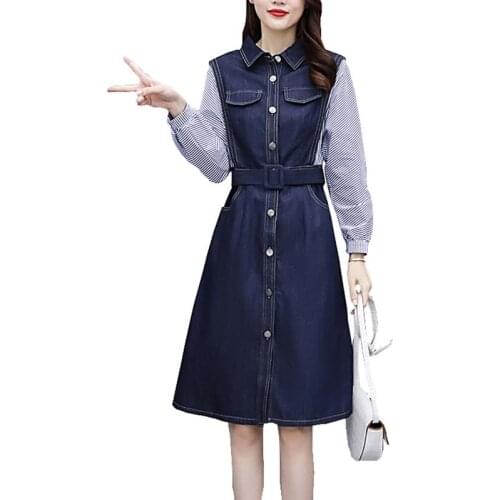 Fashion Women Summer Casual Dresses Office Large size Loose Dress Long sleeve Striped Stitching Denim Pocket Belt vestido OK728