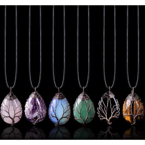 Copper Wire Wrapped Tree of life Natural Stone Pendant Pink Quartz Healing Crystal Tiger Eye Opal Rope Charms Necklace Jewelry