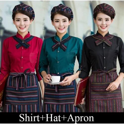 Full Sets Restaurant Waiter Uniform Hat+Shirt+Apron Coffee Shop Waitress Uniform Men Cook Clothing Hotel Bakery Work Wear 89