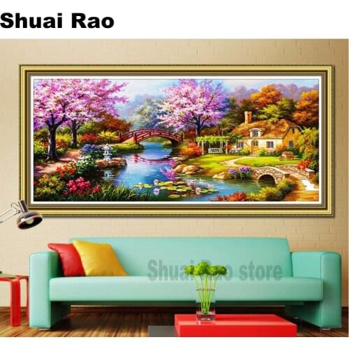 Large size spring picture Lakeside scenery village diamond Embroidery diy diamond painting mosaic painting 3d cross stitch decor