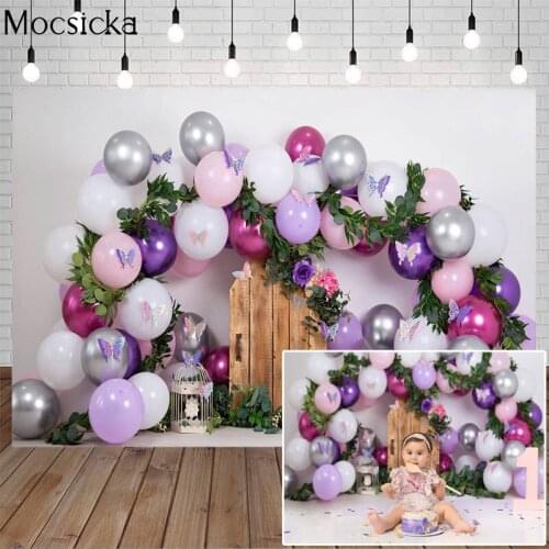 Purple Balloons Butterfly Theme Birthday Cake Smash Backdrop For Photography Newborn Kids Portrait Backdrop Party Photo Studio