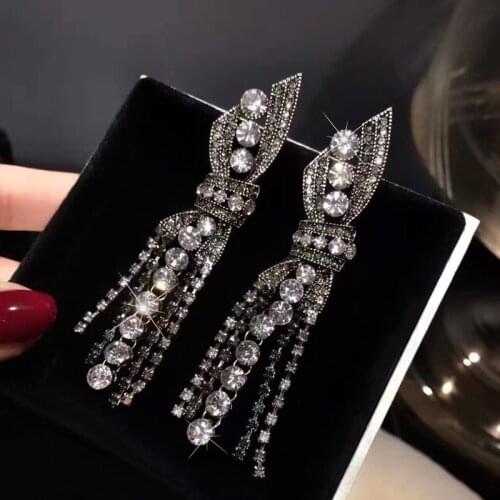Luxury Rhinestone Vintage Tassel bow Earrings Drop Earring For Women Party Jewelry Black Chains Long Dangle Earrings