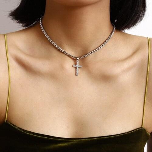 Rhinestone Chains Choker Crystal Cross Pendant Necklace for Women Fashion Gold Silver Color Neck Jewelry Drop Shipping EH08