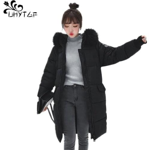 UHYTGF New Womens Winter Coat Female Hooded Warm Jacket Plus size Korean Thicken Down cotton Coats Woman Long Cotton Parka X544