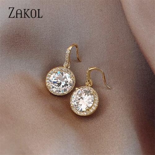 ZAKOL 2021 New Arrival Trendy Round Simple Crystal Dangle Earrings for Women Fashion Sweet Water Drop Pendant Jewelry