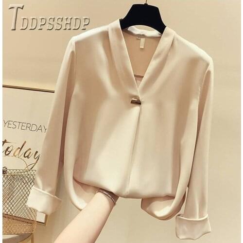 2020 Spring White Blue Apricot Women Blouse V Neck Long Sleeve Female Blouses