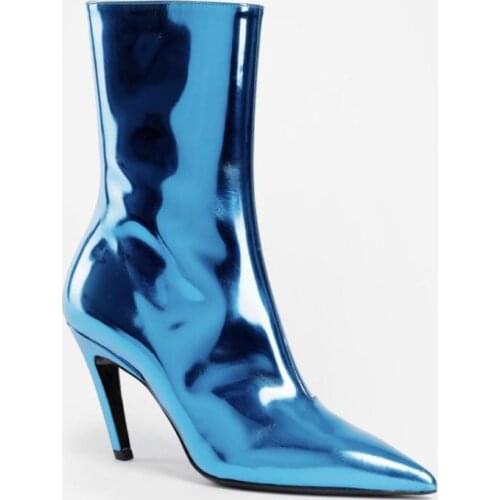 Boots women 2018 autumn winter blue sliver leather shoes sexy high heels ankle boots for women pointed toe chaussures femme