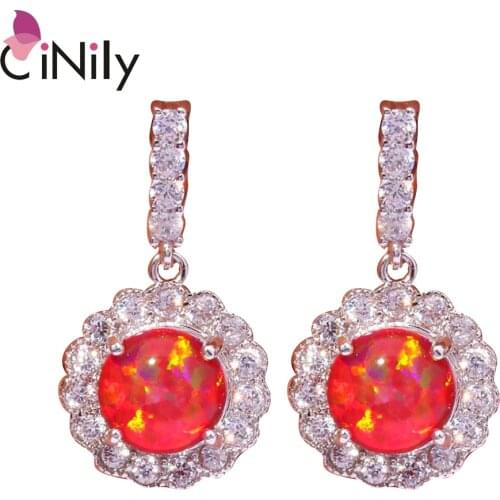 CiNily Created Red Fire Opal Cubic Zirconia Silver Plated Earrings Wholesale Elegant for Women Jewelry Stud Earrings 7/8" OH3377