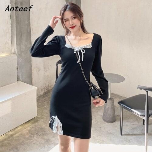 Anteef long sleeve black cotton sexy dresses for women casual mini short spring autumn pencil dress elegant clothes 2021
