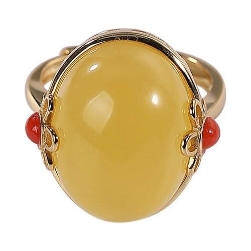 Baifuming s925 sterling silver gold-plated natural amber ring retro elegant plum egg noodles ladies ring
