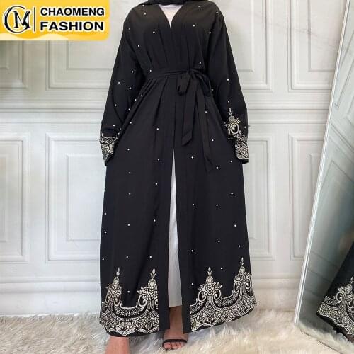 Middle East Ramadan Lace With Pearls Design Abaya Dubai Kimono Kaftan Caftan Turkish Islamic Clothing Muslim For Women Maxi Robe