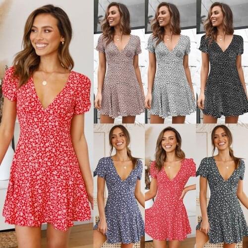 Women Elegant Summer Dress Short Sleeve V-Neck Dress Print Dresses Party Holiday Female Sundress Retro Slim MIni Dress Vestidos