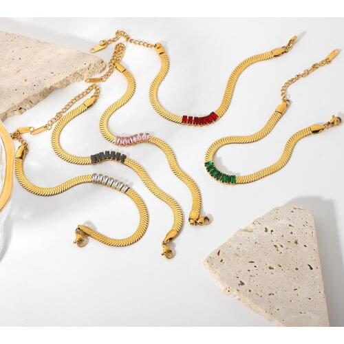 18K Gold Plated Stainless Steel Snake Chain Bracelets For Women Candy Color Rectangle Zircon Bracelets Jewelry