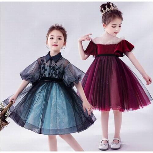 Velvet Girl Party Dress Kids Princess Shirt Dresses for Girls Puff Sleeve Perform Ballroom Dress Kids Clothes 1-12T E2073