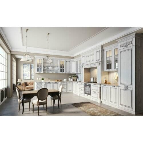 White solid wood kitchen cabinets with nice crown molding & Roman column