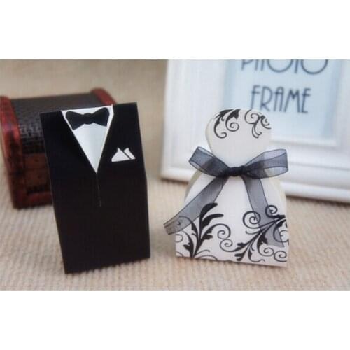 Free Shipping 100pcs/lot Promotion Creative Bride and Groom Wedding Party Candy Boxes White Skirt Black Pattern with Ribbon