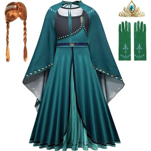 Halloween Costume For Kids Anna Coronation Dress Teen Girl Long Sleeve Green Mesh Prom Gown Children Christmas Gift