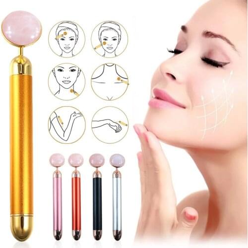 Electric Vibrating Natural Rose Quartz Jade Roller Facial Massager for Face Lifting Slim Jade Stone Massage Skincare Beauty Tool