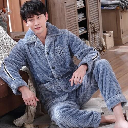 Flannel Flano Man Boy Turn-down Collar Button-Down Winter Pajamas Warm comfy in-home Sleepwear Nightwear cute Pajama A Set HDE