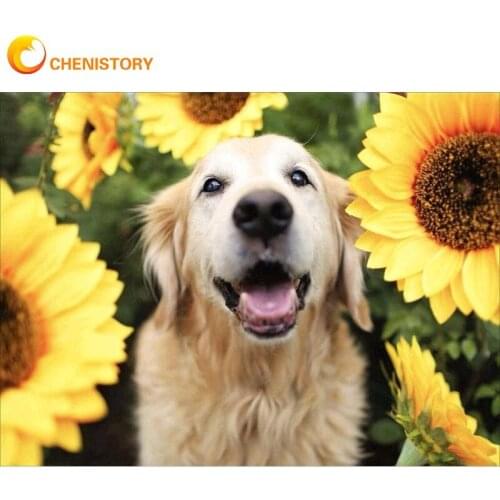 CHENISTORY Diamond Painting Full Round Square Sunflower Dog 5D Diy Diamond Embroidery Animal Mosaic Home Decor 60x75cm