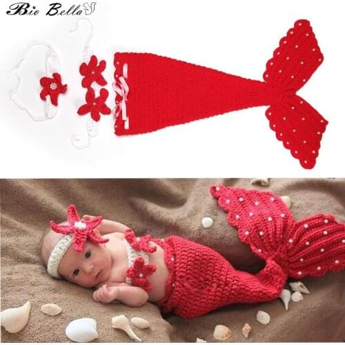 Cute Baby Sets Beauty Mermaid Knitted Clothes Wool Handmade Crochet Photography Tail Headband 3pcs Suits For Girl Boy