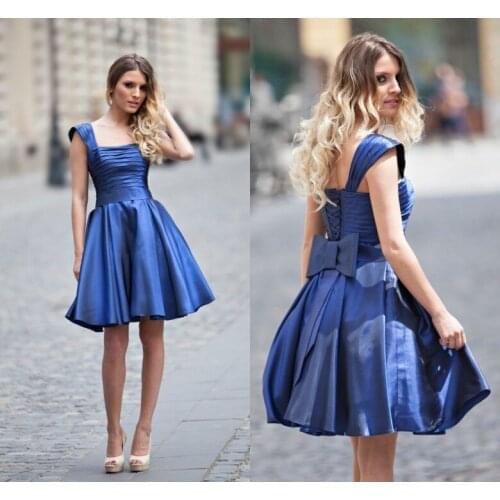 Beautiful Blue Satin prom Dresses Simple Design Square Collar Lace Up Bow Handmade Lovely a-line cap sleeve 2016 party gown