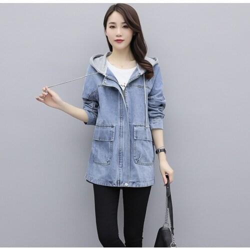 Plus Size Hooded Denim Jacket Womens Clothing 2021 Spring And Autumn New Loose Wild Coat Female Fashion Casual Outerwear 4XL