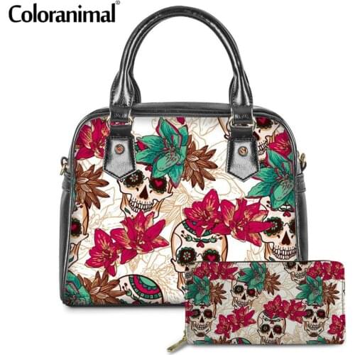 Coloranimal Fashion Sugar Skull Pattern Women Handbags&Wallets PU Leather Shoulder Crossbody Bags Ladies Top-Handle Bags Bolsa