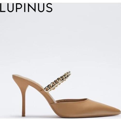 LUPINUS 2021 New Summer Women Sandals Fashion Gold Chain Design Women High Heel Elegant Pointed Chic Thin Heel Women Muller Shoe