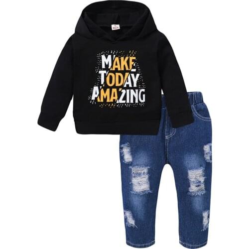 Autumn Baby Boy Clothes Long Sleeve Printing Hoodie +Jeans Pants Outfits Set Sports Style