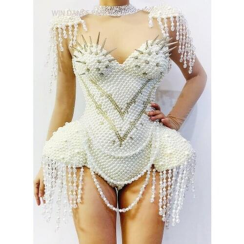 Luxurious Pearls Stones Bodysuit Sexy Tranparent See Through Leotard Dance ShowPerformanceParty Tassels Costume Nightclub outfit