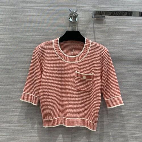 Pink Knitted Short 2021 Early Spring Women Casual Sweet Age-redued Versatile Pocket O-neck Mid-sleeved sweater Pullovers