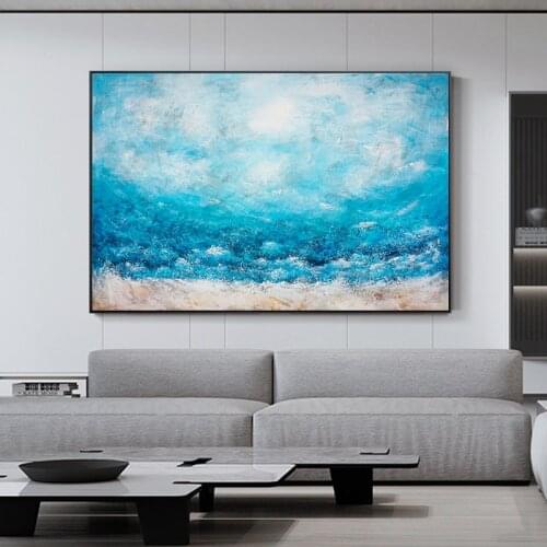 Modern minimalist hand-painted oil painting blue ocean wave decorative painting living room dining room abstract painting