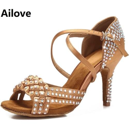 Rhinestone Ballroom Latin Salsa Dance Sandals Women Party Wedding Shoes Soft Suede Sole Skin Satin Multiple Heel Height ALS053